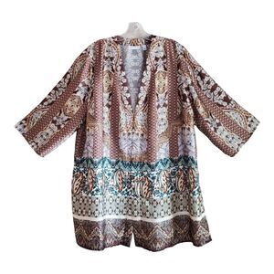 SUSAN GRAVER Women's L Kimono Jacket Cardigan Satiny Open Front Green Gold 46"